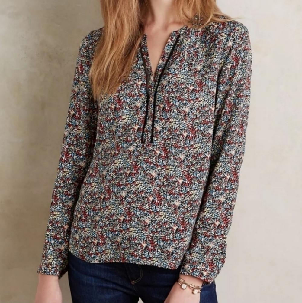 Anthropologie Meadow Rue Luana Black Floral Print Button Front Lace Blouse Top